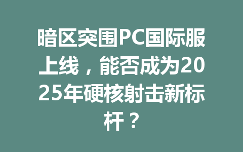 暗区突围PC国际服上线，能否成为2025年硬核射击新标杆？ 一