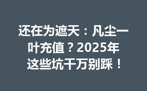 还在为遮天：凡尘一叶充值？2025年这些坑千万别踩！ 一